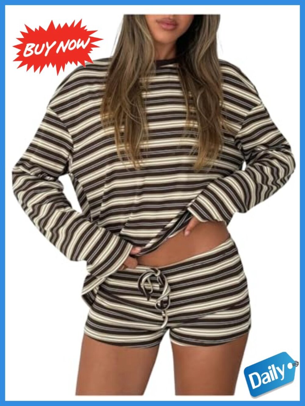 2 Piece Striped Matching Lounge Set Long Sleeve Top & Tie Front Shorts
